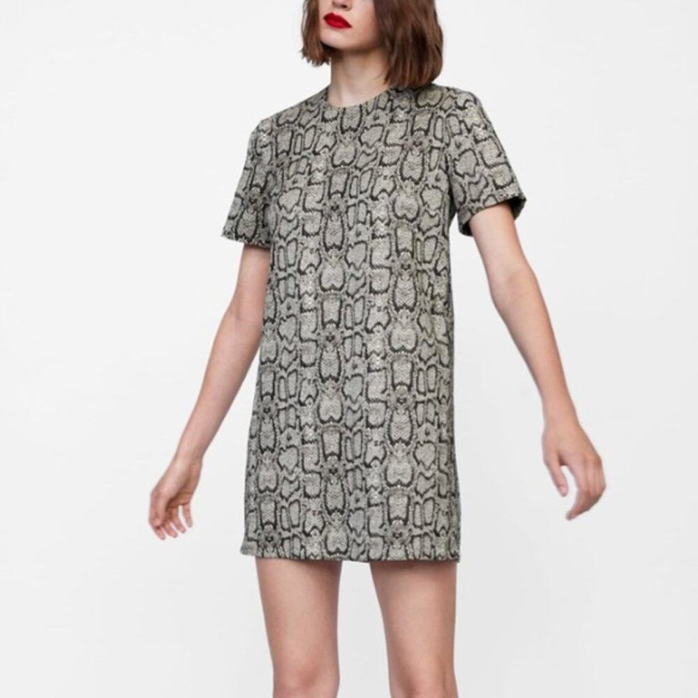 Zara Snakeskin Print Jacquard Dress Boxy Mini Short Sleeve Tan Brown L EUC - Picture 1 of 9